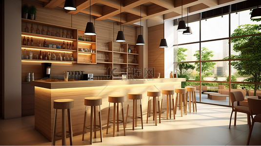 餐厅柜台背景图片_时尚酒吧和餐厅的现代 3D 渲染，配有时尚的柜台
