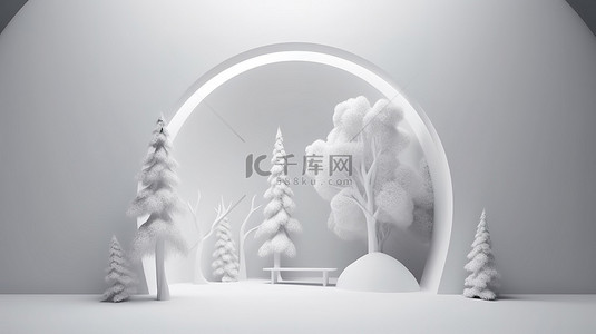 几何冬季背景图片_一个节日的冬季仙境 3d 场景，包括拱形讲台白雪皑皑的圣诞树基座等