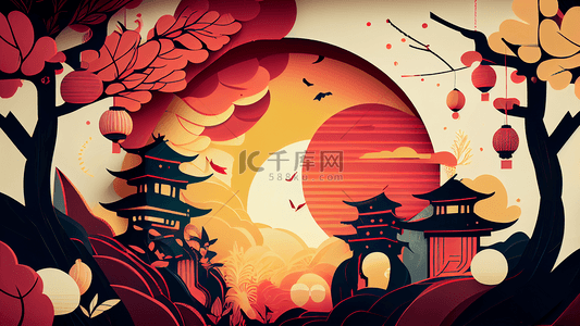 小灯笼背景图片_月亮楼阁灯笼插画背景