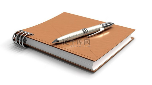 空白笔记背景图片_空白页组织者书和笔设置在 3D 渲染的白色背景下
