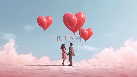 情侣爱心气球背景图片_一对年轻夫妇与 3d 心形气球的浪漫拥抱