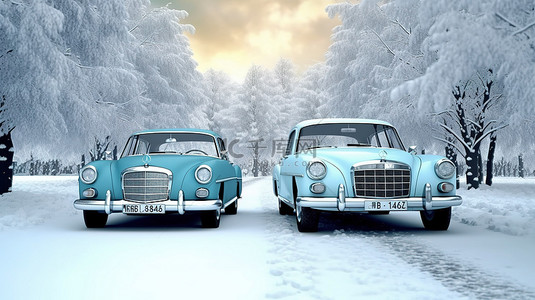 复古蓝色汽车和寒冷的风景艺术 3D 渲染和插图