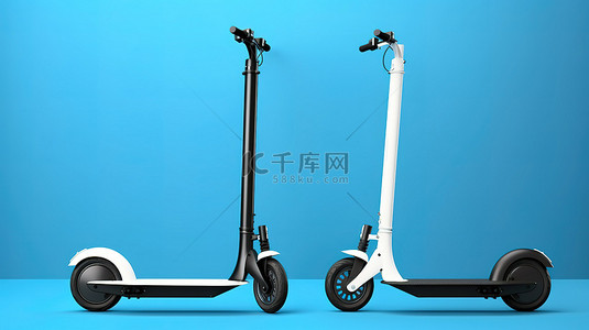 蓝色背景 3D 渲染上呈现的单色时尚且可持续的电动滑板车