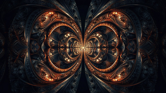抽象的万花筒装饰品在 3D 渲染的 4k UHD 中形成一条黑暗的对称隧道