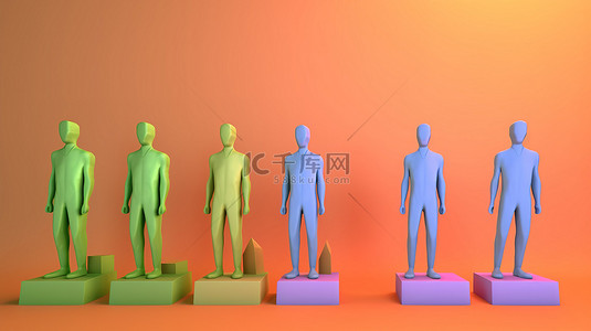 色彩缤纷的 3D 人物图标，在充满活力的橙色背景上带有上升图