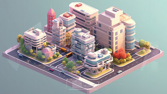 城市中心背景图片_3d 渲染中的移动启用等距城市概念构建