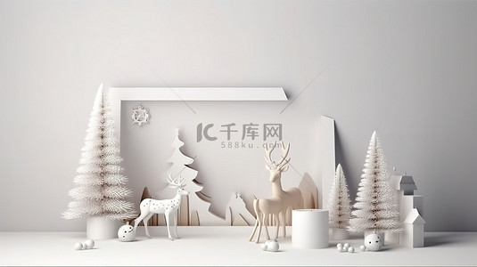 圣诞海报模型以音乐盒杉树星花环和鹿为特色，以白墙背景 3D 渲染为特色