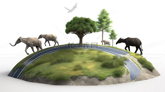 旅行背景图片_带有道路树木山脉和野生动物的 3D 地球仪插图