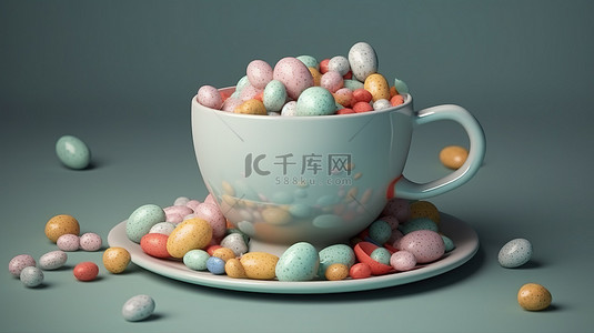 甜美背景背景图片_平躺式 3D 渲染背景，配有一杯令人愉快的糖果和鸡蛋