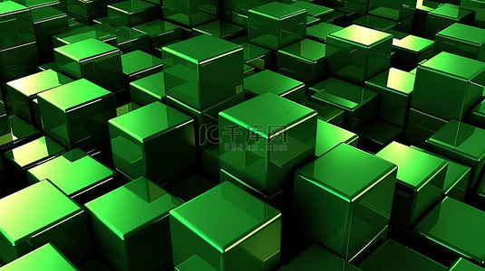 几何方块背景图片_表面上绿色色调金属立方体的 3D 渲染