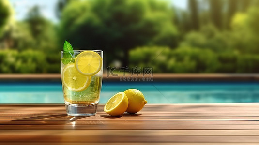 夏天模板背景图片_木制池畔桌子上清爽凉爽的柠檬水夏季主题 3D 渲染