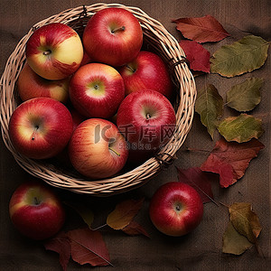 复古棕色背景中篮子里的红苹果