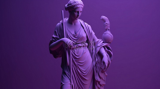 背景左侧手持棍子的紫色 3D 雕像模型
