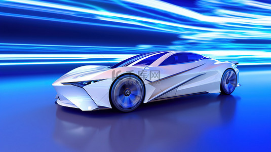 蓝色背景下的时尚高速白色跑车，在 3D 渲染中具有闪闪发光的高光和柔和的阴影