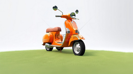 复古风格的橙色摩托车停在郁郁葱葱的绿草上，白色背景 3d