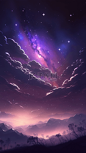 星系唯美背景图片_星空山川云层紫色唯美背景
