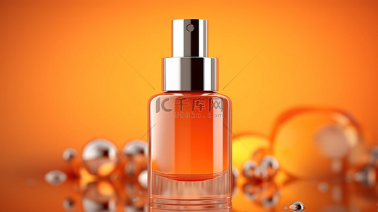 女性护肤血清瓶上空白标签的模型，在抽象橙色背景上具有 3D 渲染