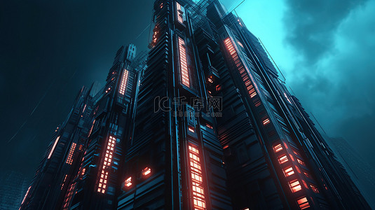 城市中心背景图片_高耸的赛博朋克摩天大楼的 3d 渲染