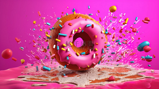 彩色洒水在粉红色甜甜圈周围爆炸，在粉红色背景上创建有趣的 3D 图像