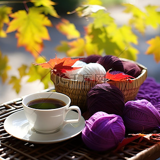 咖啡和纱线在一篮子叶子旁边