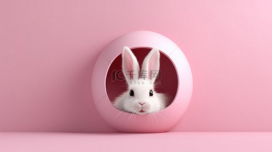 3D 渲染的复活节兔子耳朵非常适合横幅海报和明信片，带有复制空间，一只顽皮的兔子躲在洞里