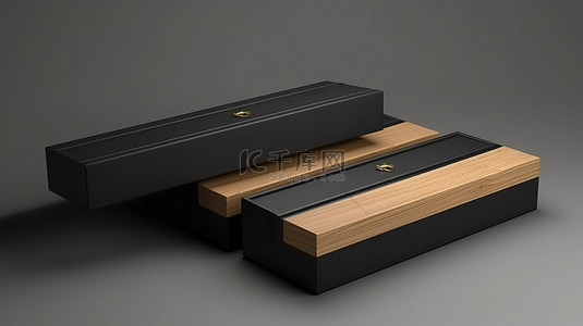 3D 渲染的长木箱，带有滑动盖和黑纸包装，打开和关闭用于品牌隔离