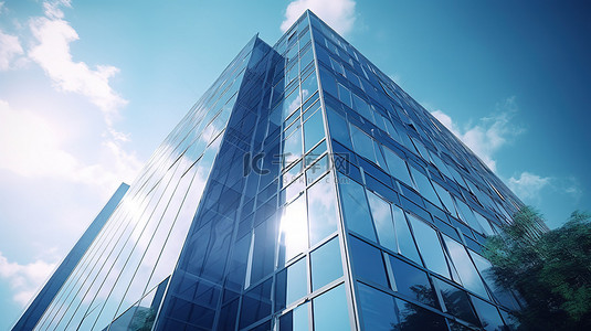 办公背景图片_从低角度视图捕获玻璃窗的未来企业办公摩天大楼的 3D 渲染