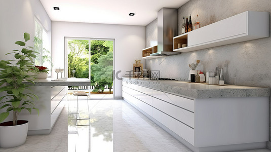 时尚现代厨房柜台设计的 3D 渲染