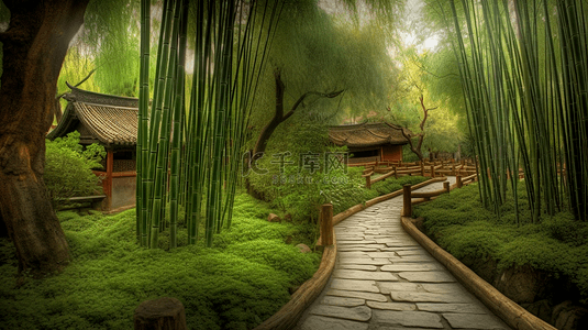 绿色竹林景观石板路中式建筑自然背景