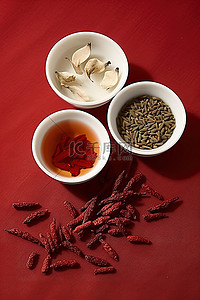 中餐背景图片_两碗茶和不同类型的中餐