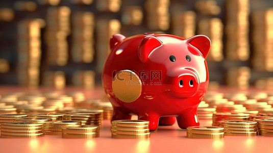 红色小猪背景图片_金色现金堆积在存钱罐中，带有红色箭头 3D 渲染图像