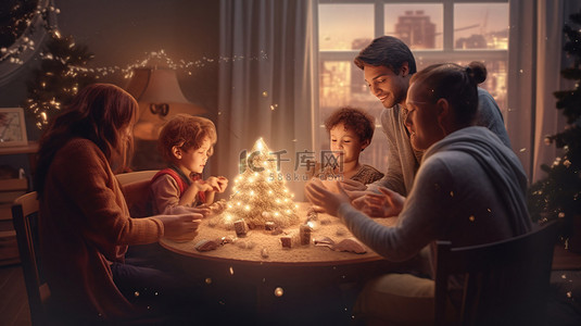 红金背景图片_庆祝圣诞节的家庭的节日 3D 渲染