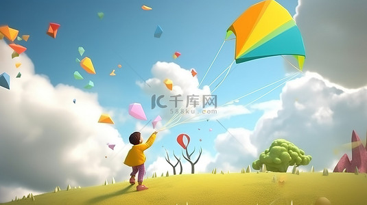 风筝背景图片_儿童读物彩色 3D 插图背景中的风筝儿童