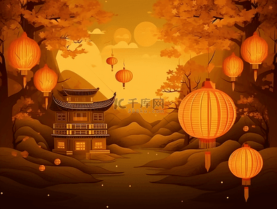 灯笼挂饰插画背景图片_中秋节赏灯佳节背景