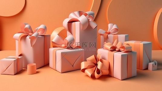 充满活力的粉彩橙色 3D 礼品盒，带卡通蝴蝶结，适合任何场合的现代和节日惊喜