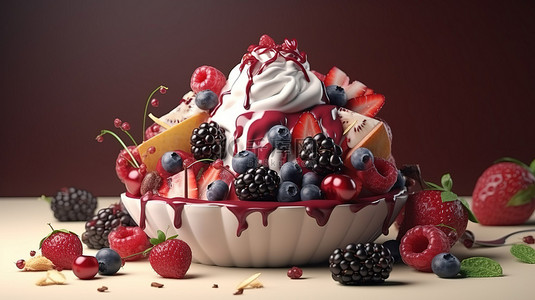 美味的冰淇淋甜点，上面有新鲜水果和浆果，3D 插图