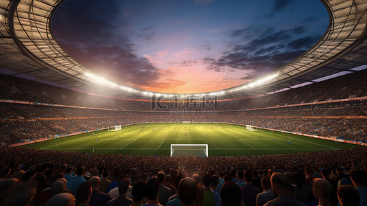 黄昏时人群拥挤的足球场的 3D 插图