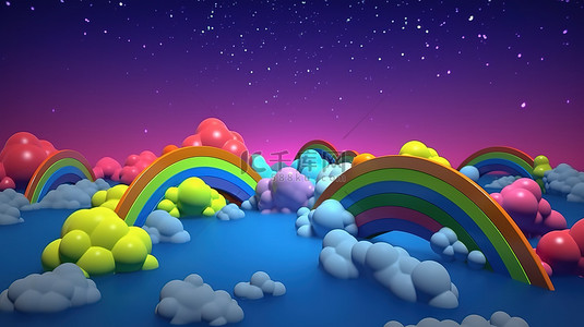 异想天开的彩虹云和天空中的星星 3d 渲染卡通创作