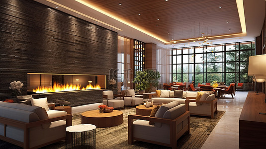 酒店背景图片_带舒适壁炉和电视的酒店大堂咖啡厅的 3D 渲染