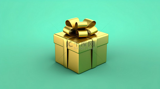 呈现符号繁荣黄金礼物与青色背景 3D 渲染社交媒体图标