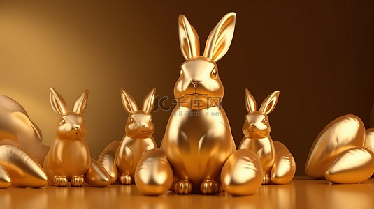 欢快的复活节 3d 金色兔子蛋矢量图形装饰物品