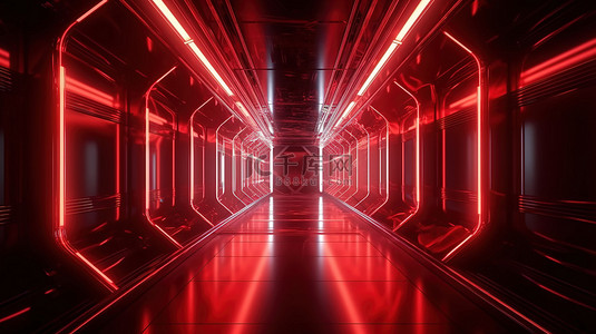 3d 抽象渲染中红光轨迹照亮的金属科幻走廊