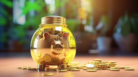 玻璃存钱罐的 3D 渲染，里面装满了象征储蓄和金融增长的闪亮硬币