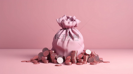 粉红色背景，钱袋和硬币堆积在 3D 渲染中，代表储蓄投资和利润