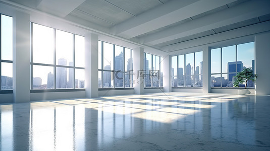 阳光透过窗户背景图片_宽敞办公室的 3D 渲染，阳光透过窗户倾泻到地板上