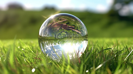 水晶球在郁郁葱葱的绿色田野上展示地球的特写视图，在 3D 渲染中具有令人惊叹的光反射