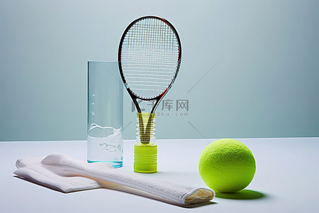 桌子上有一个羽毛球拍，旁边有水瓶和羽毛球