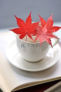 枫叶红背景图片_咖啡杯上的红枫叶，桌上放着一本书