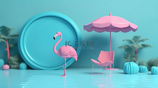 火烈鸟背景图片_带有海滩主题装饰和充气火烈鸟的产品展示概念台