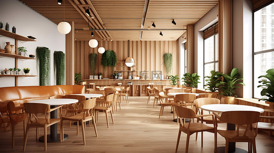 餐厅背景装饰背景图片_舒适的咖啡馆或餐厅空间的 3D 可视化
